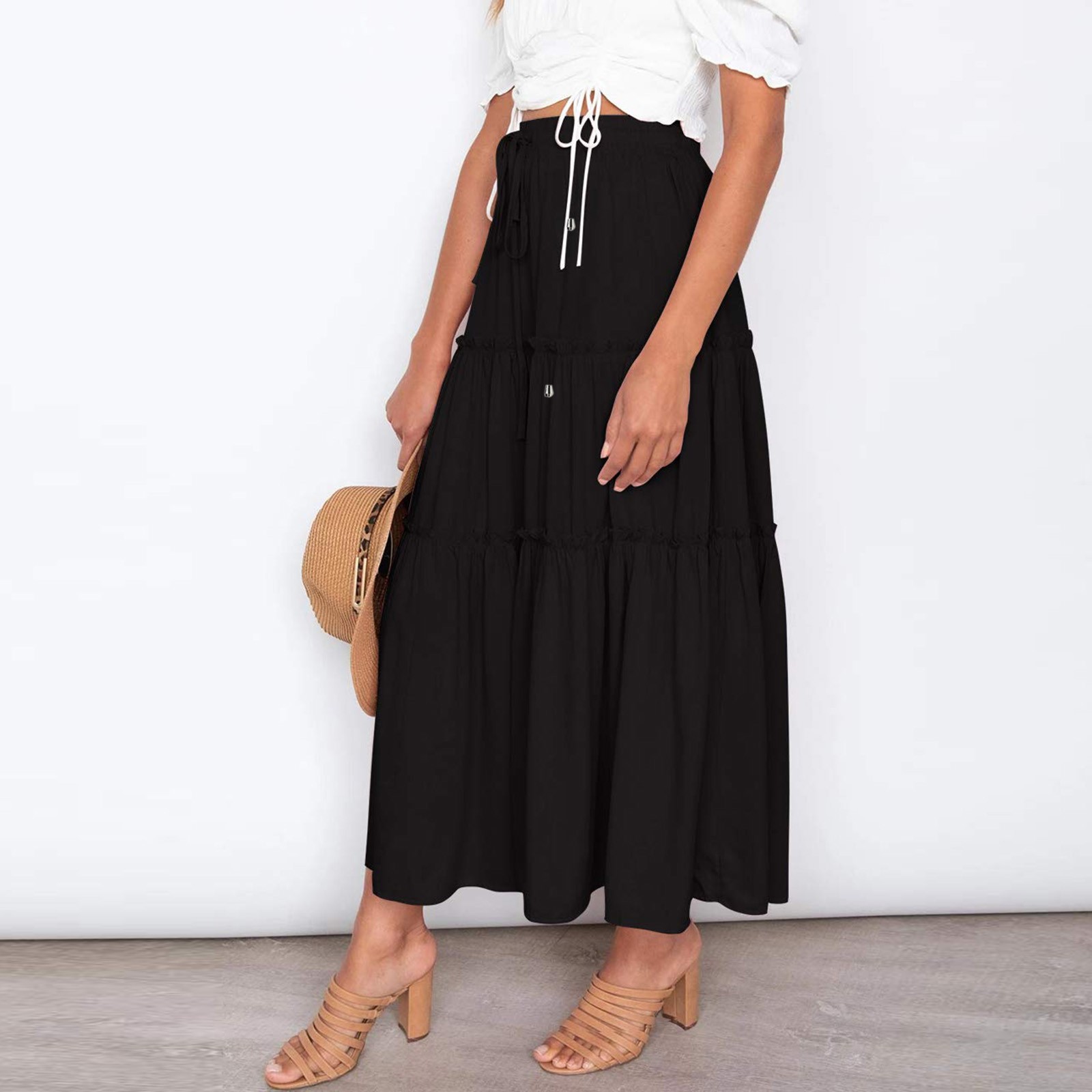 thumbnail image 2 of Falda larga boho elástica de cintura alta para mujer: con volantes, corte en A, cordón, poliéster, para todas las estaciones, tallas S-XL., 2 of 8